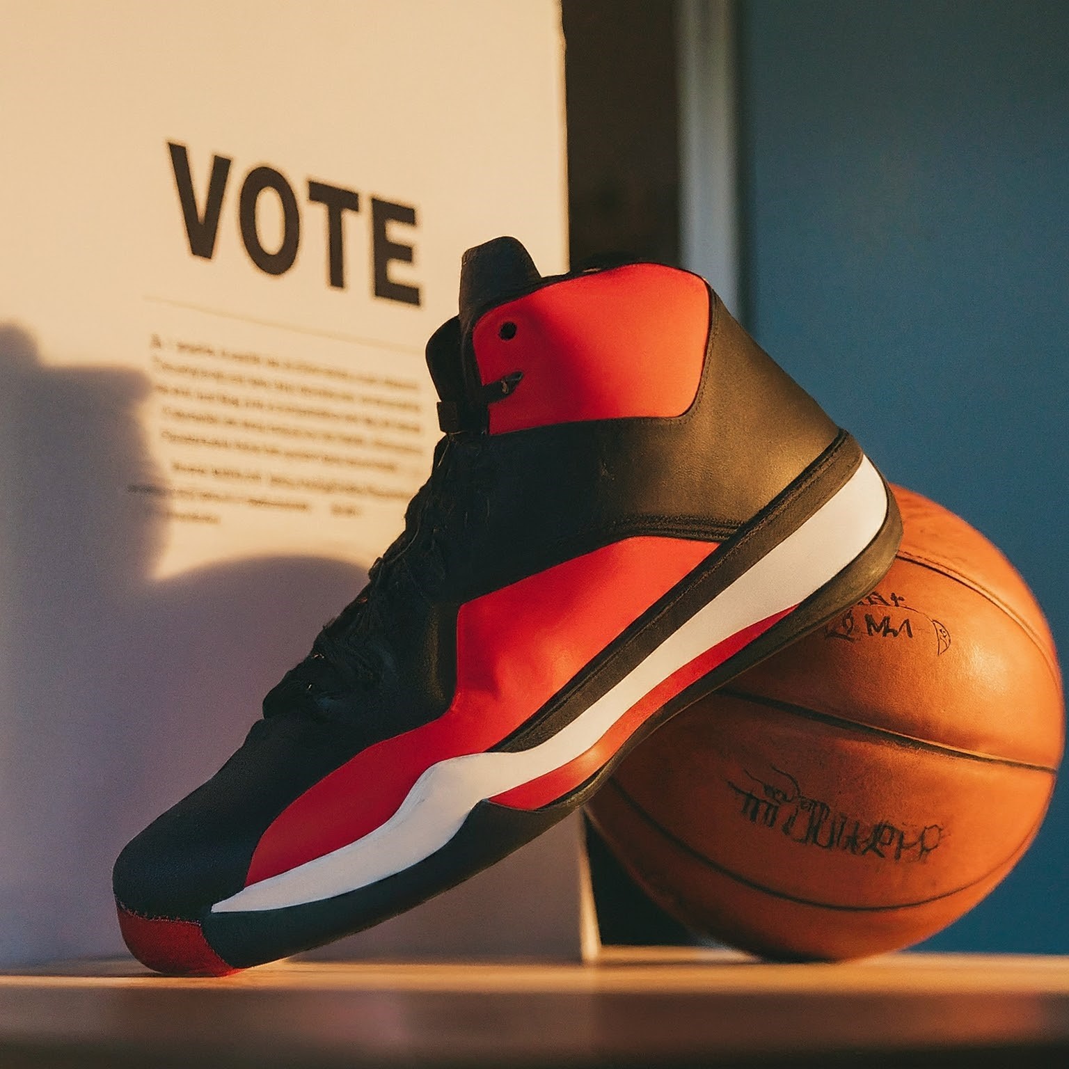 An AI Generated Image of a black and read high top sneaker, a basketball, and a wall with the word vote written in all caps block letters above small, out of focus text. 